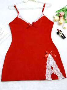 1pc Lace Trim Bow Side Slit Hem Camisole Nightgown