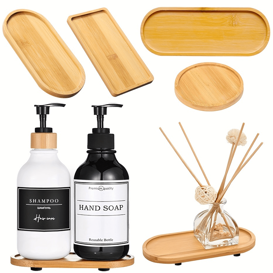 Bamboo Wood Storage Tray, Bathroom Organizer Tray With Anti-Slip Pad Riser