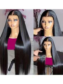 Peluca frontal con encaje transparente sin pegamento de 13 x 4 pulgadas con cabello de bebé alrededor, línea del cabello previamente ondulada, cabello liso tipo bob, color negro natural, adecuada para varias razas, uso diario y de fiesta de 8 a 36 pulgadas