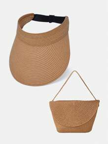 1set Women's Summer Bohemian Khaki Wide Brim Straw Hat & Straw Crossbody Bag Combo, Fashion Casual Sun Protection Hat Beach Tote Foldable For Travel Beach Outdoor Cycling