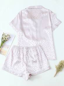 2pcs Satin Leopard Print Short Sleeve Shirt Collar Top And Bowknot Shorts Pajama Set For Women - Bạc - Xem 2