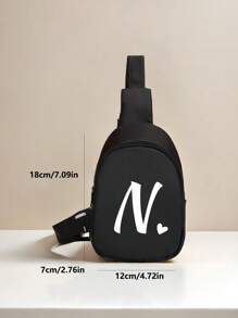 1 Shoulder Bag Mini Letter Heart Printed Chest Bag, Cute, Fashionable, Lightweight, Soft Wool Material Zipper Closure Chest Bag, Suitable For Boy And Girl Traveling, Vacationing, Outdoor, Backpacks, Giving Birthday Gifts To Family And Friends - AD03-036 Black Bag With White Small Love Letters - View 4