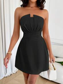 女士优雅性感抹胸裙纯色 - 黑色 - 查看 4