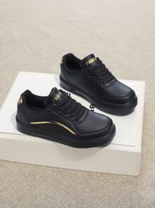 1 双女孩时尚休闲运动鞋，舒适低帮平底跑鞋，适合校园、青少年和年轻人，经典个性化步行滑板鞋，适合春季、夏季、秋季 - 黑色 - 查看 3