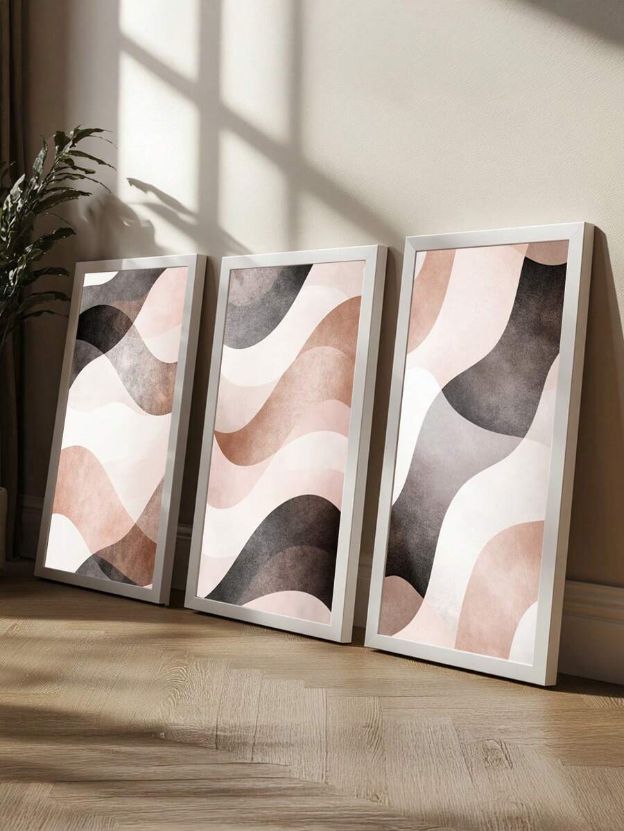 Kit 3 Quadros Ondas Pretas e marron – Quadro Ideal para Sala de Estar, Escritório,