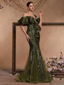 BluePlum Elegant Women Ruffle Sleeve Deep V Sparkle Sequin Fitted Formal Evening Gown, Sexy Backless Luxury Mermaid Prom Dress(Heavy Embroidery), Geometric Pattern Asymmetric Asymmetrical Sequin Splice Ruffle Hem, High Quality Stretchy Sequin Fabric, Suitable For Wedding, Party, Prom, Anniversary, Festival, Back To School, Spring/Summer, For Wedding Guest - Màu xanh Ô liu - Xem 7