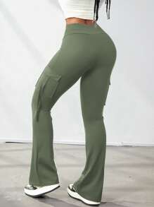 Y2K 宽腰带高弹力口袋带装饰提臀健身运动健身喇叭腿紧身裤工装裤