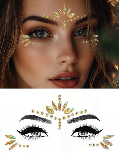 1pc Kleurrijke Kristallen Gezichtsstickers, Gele Make-up Maskerade Feest Vakantie Viering Zuster Gezichtsdecoraties, Waterdicht & Langdurig, Y2K