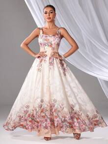 Women's Floral Print Maxi Bridesmaids Dress With Flared Hem - Multicolor - View 7