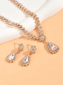 Fully Rhinestone Water Drop Pendant Necklace And Earrings Set - Silver - View 2