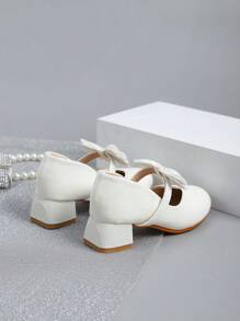 Bailarinas de piso blando tipo Mary Jane, zapatos beige con decoración de moño para niñas de talla media, zapatos versátiles para vestir