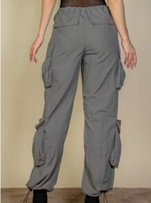 Pantalones de paracaídas casuales bohemios con bolsillos de solapa y cordón fruncido para mujer - Gris acero - Ver 4