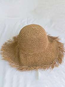 1 件女士磨边镂空纯色遮阳帽，简约可折叠休闲沙滩帽防晒，适合夏季旅行和度假