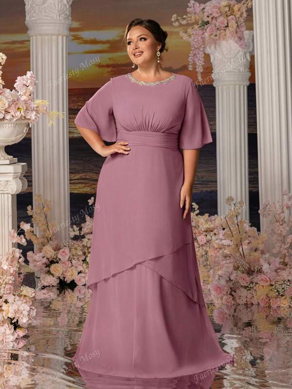 Elegant Plus-Size Evening Gown With Beaded Round Neckline, Three-Quarter Flutter Sleeves & Asymmetrical Layered Hemline – Structured Waist For Curvy Silhouette, Floor-Length Luxe Fabric – Perfect For Gala Dinners, Wedding Guest Attire, Prom Nights, Award Ceremonies, And High Tea Events