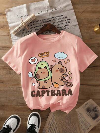 Young Girl's Cartoon Capybala Print Round Neck Short Sleeve Tee Spring And Summer Casual T Shirt For Young Girl
