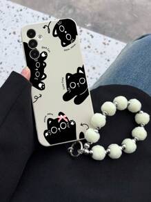 1 个白色 TPU 可爱偷看猫图案防震手机壳和 1 个白色毛球腕带手机带，兼容 Galaxy、OPPO 等 Android 手机。