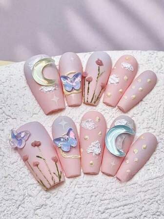 10 件手工制作的中长梯形甜美女孩风格指甲贴，带有星月、水晶蝴蝶、哑光花卉图案、3D 装饰、持久闪耀，适合女孩聚会、每日约会按压指甲美甲用品指甲