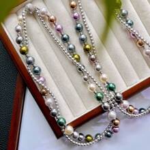 1pc Double-Layer Twisted Retro Mixed Bright Crystal & Faux Pearl Necklace, Fashionable Choker Necklace For Women, Suitable For Daily Matching, Mother's Day Gift - Picture Color - View 2