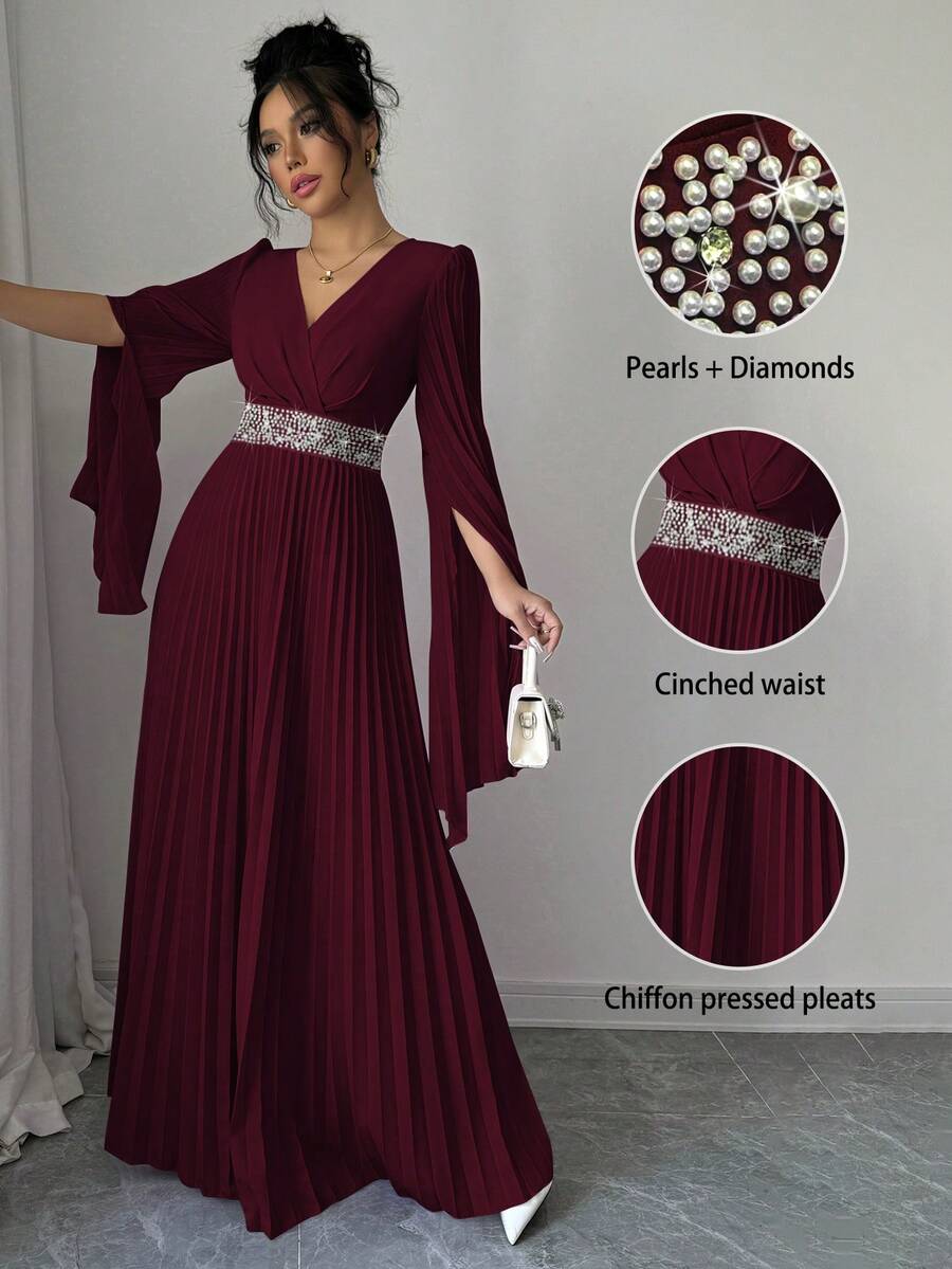 AMNSAML Elegant Pleated Bell Sleeve Rhinestone Embellished Formal Dress, Party Dress, Gown, For Evening, Wedding Guest - Burgundy - View 1