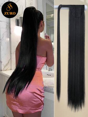 Clip In Ponytail Extension Black Color Wrap Runt 32 tum långt rakt hästsvanshår Syntetiskt hårstycke för kvinnor Värmebeständigt