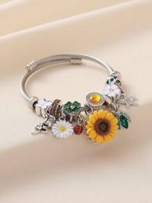 1 件优雅优质手工水钻花朵、星星、玫瑰、皱褶雏菊、向日葵、甲虫吊坠不锈钢手镯，百搭女士礼物，适合海滩、派对、休闲装 - 彩色 - 查看 5