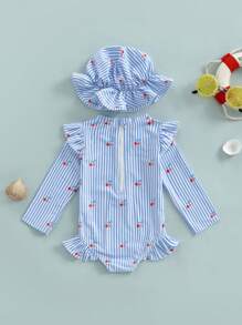 Traje de baño de manga larga con estampado de rayas y animales marinos para niña con protección contra erupciones y sombrero para el sol. - Azul - Ver 2