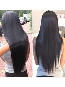 Peluca frontal con encaje transparente sin pegamento de 13 x 4 pulgadas con cabello de bebé alrededor, línea del cabello previamente ondulada, cabello liso tipo bob, color negro natural, adecuada para varias razas, uso diario y de fiesta de 8 a 36 pulgadas
