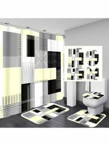 1pc/4pcs Geometric Art Color-Blocking Bathroom Decoration Waterproof Shower Curtain, With 12 Hooks, Bath Mat, U-Shaped Floor Mat, And Toilet Lid Cover, Bathroom Set For Full Scenario