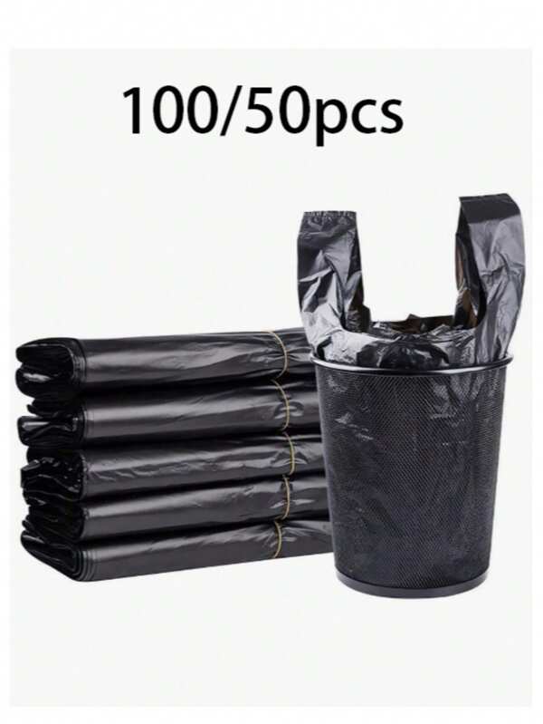 100 pezzi/50 pezzi Sacchetti per rifiuti neri rinforzati e allargati, sacchetti per la spazzatura in cucina, sacchetti per verdure, sacchi per rifiuti grandi per carta, plastica, bottiglie, giornali, sacchetti di plastica per prati con manici, sacchetti di plastica sfusi maglietta