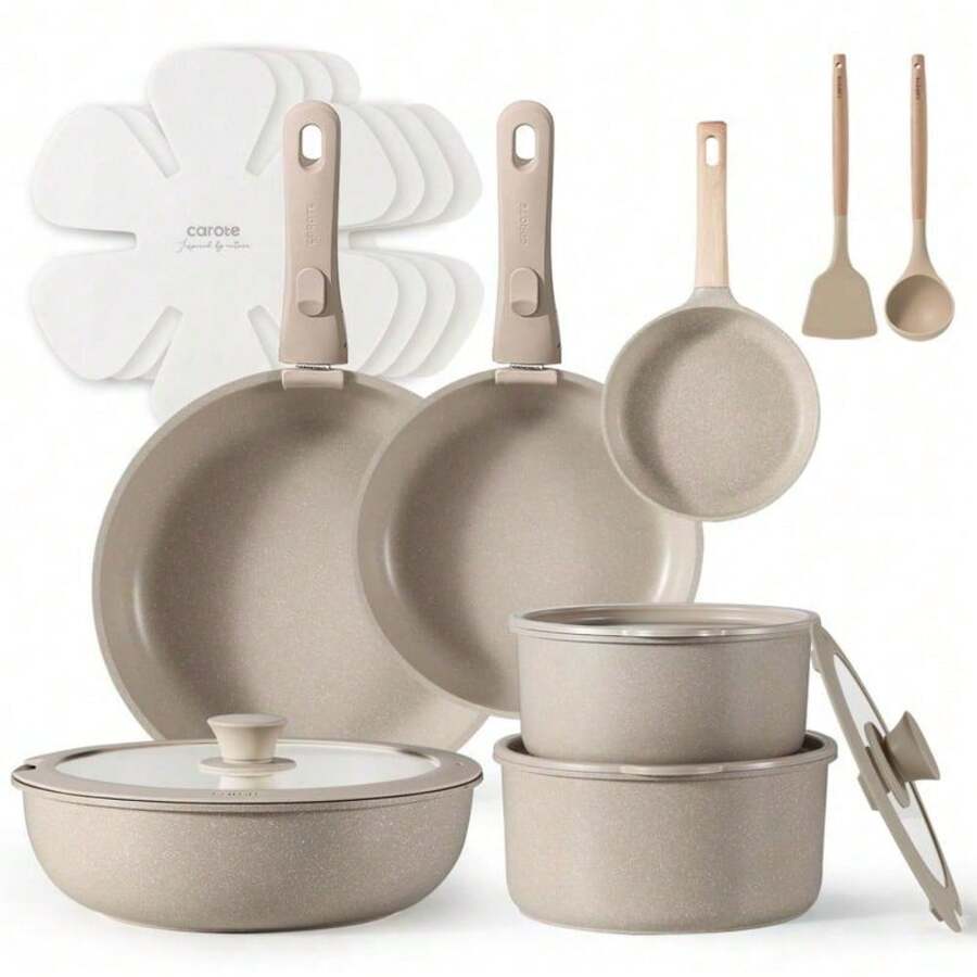[Official] CAROTE 18pcs Detachable Handle Nonstick Cookware Set, Blue/Pink/Green/Black/Taupe/White/Red, Pots And Pans, Oven Safe Frying Pan - [Taupe] - View 1
