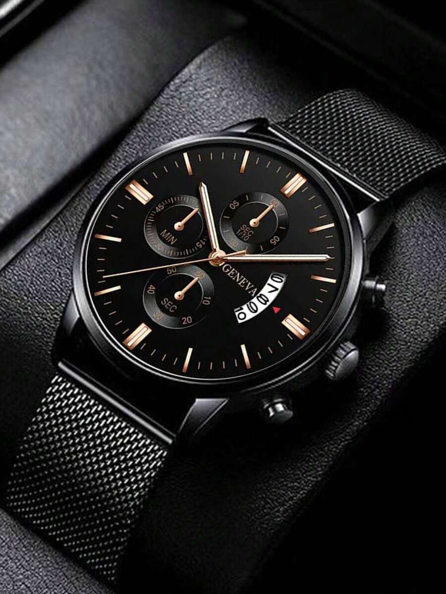 1 buah Jam Tangan Quartz Kasual Pria, Dial Bulat Minimalis, Tali Jala Logam, Hadiah Terbaik untuk Pria, Cocok untuk Liburan dan Pemakaian Sehari-hari - Hitam - View 1