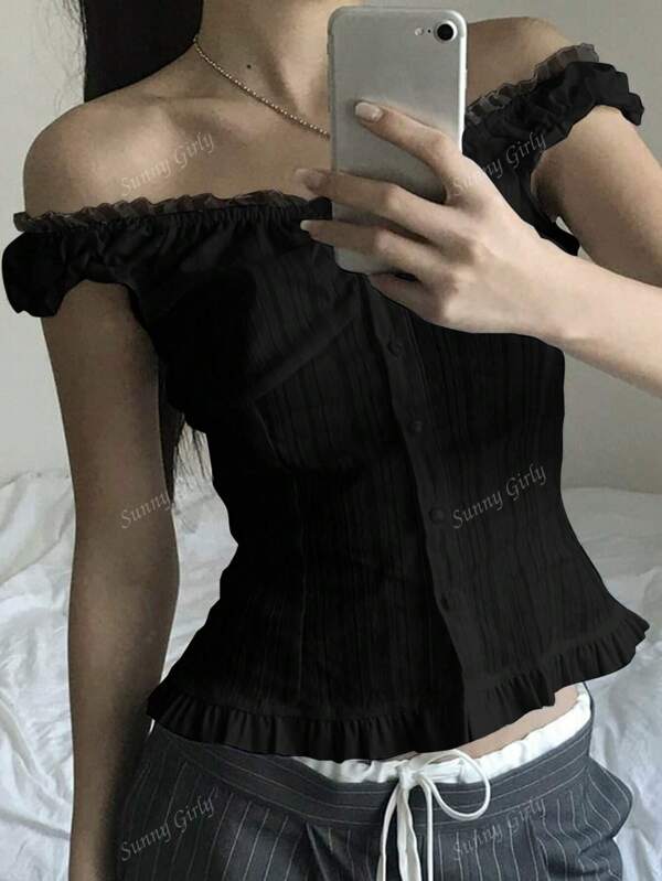 Maglietta da donna estiva in stile Y2K, di colore tinta unita, con tessuto intrecciato, maniche corte, con fibbia e ricamo in pizzo, spalle casual, slim fit, ideale per la stagione della laurea