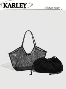 Set de 2 piezas de moda para mujer, nueva bolsa de malla de verano, bolsa de gran capacidad, bolsa de hombro versátil, bolso, bolso madre-hija, cartera de señora