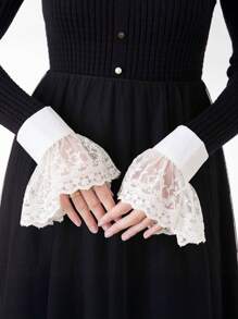 1 双/优雅蕾丝荷叶边可拆卸袖套 - 女式涤纶缀饰手腕袖口，无弹性纯色假袖，适合连衣裙和毛衣，韩国编织工艺，无羽毛，适合外出 - 彩色 - 查看 10