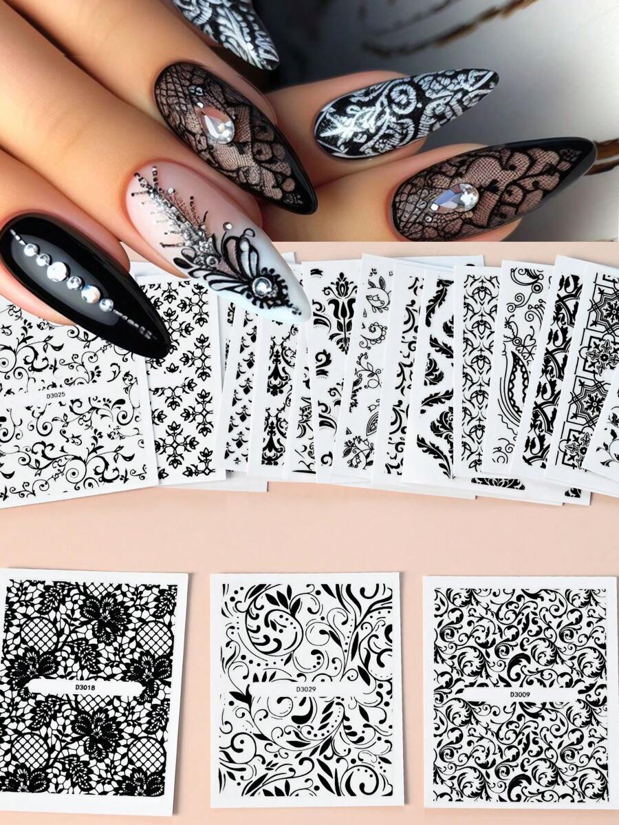 30PCS Flower Bronzing Nail Art Stickers, Self-Adhesive Nail Art Decals For, Nail Art Supplies For Women And Girls,30 Sheets European Style Flower Embossed 3D Nail Art Stickers & Decals(Black),Black Lace Foral Vine Relief Design Nail Art Stickers,Asymmetrical Geometric Shapes Glitter Embellishment,Spring And Summer Flower Nail Art Decorations For Women And Girls