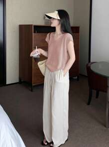 女式纯色浅粉色休闲简约时尚年轻沙滩针织上衣，春夏返校季 - 粉色 - 查看 5