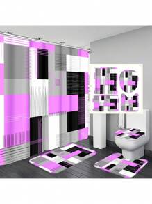 1pc/4pcs Geometric Art Color-Blocking Bathroom Decoration Waterproof Shower Curtain, With 12 Hooks, Bath Mat, U-Shaped Floor Mat, And Toilet Lid Cover, Bathroom Set For Full Scenario