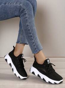 A Pair Of Women's Shoes, Women's Wedge Heel Thick Soled Sports Shoes, Comfortable Lace Up Women's Running Shoes, Fashionable Casual Knitted Breathable Women's Chunky Sneakers