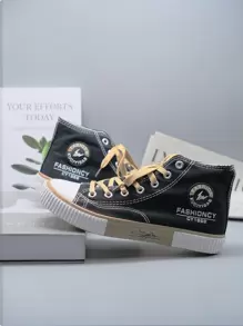 男士休闲高帮帆布运动鞋，黑色踝靴，时尚系带平底街头鞋 - 黑駝 - 查看 4