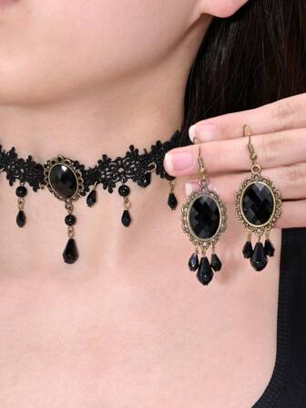  1 Set Dark Gothic Style Rhinestone Drop Tassel Earrings & Necklace, Vintage Bohemian Lace Chain Pendant Earrings, Suitable For Women Daily Wear Party Gift