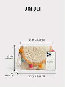 JNIJLI 1pc Design Forest Retro Style Straw Woven Envelope Clutch, Handmade Colorful Knit Ball Decor, Casual Niche Envelope Handbag, Suitable For Women, Party Girls, Brides, Perfect For Beach Wedding, Party, Prom, Dinner/Banquet, Best Gift For Female Family, Friends, Bridesmaids - Apricot - View 7