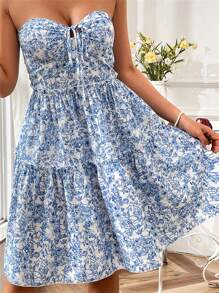 Women Y2K Mini Dress Floral Print Tie-Up Front Tube Dress Summer Fashion Casual Strapless Dress