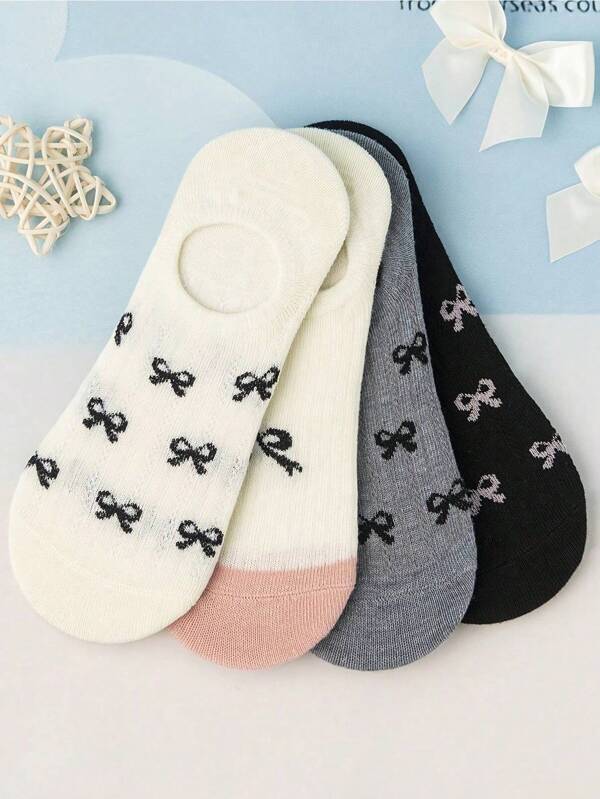 4 Pairs Of Women's Short Socks With Bow Pattern, Simple And Versatile, Boat Socks For Spring And Summer, Soft, Comfortable And Breathable, Suitable For Daily Wear