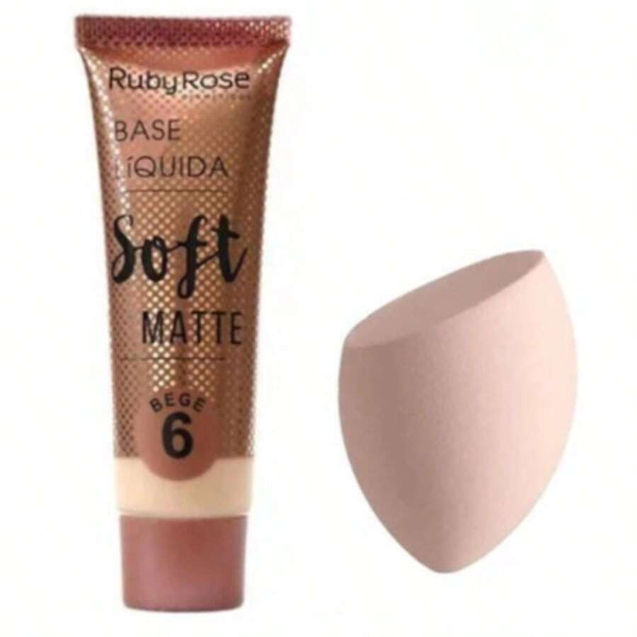 KIT Liquid Foundation Soft Matte Beige Ruby Rose HB8050+1PC Facial Sponges For Makeup (Random COLORS) - Bege6 + Esponja (COR aleatorias) - Ver 1