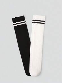 2 Pairs Girls' Solid Black & White Over-The-Knee Thigh High Socks, School Season JK Uniform Stockings For Teens & Youth