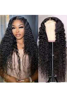 250% Density 4X4 Deep Wavy Wigs With Tiny Knots 100% Brazlilian Virgin Human Hair #1B Wave Lace Frontal Wigs Natural Color Glueless Pre Cut Wigs Pre Plucked With Baby Hair HD Transparent Lace Front Wigs For Women Long 40inch - Natural Black - View 9