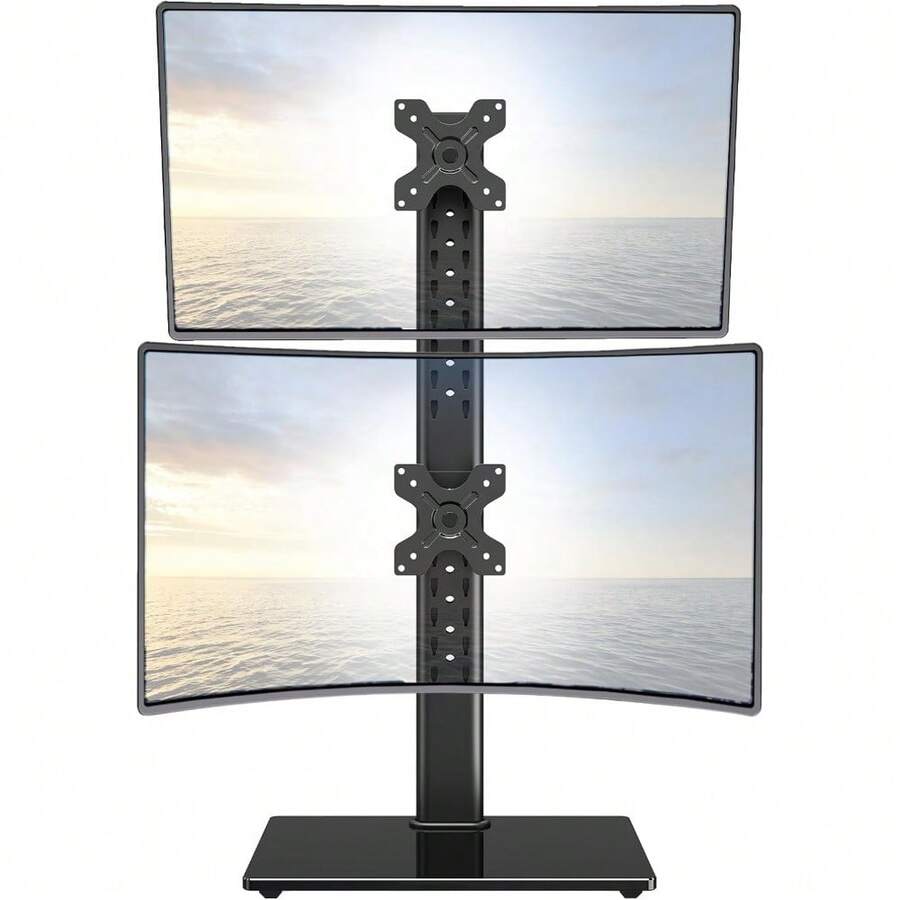 Soporte vertical para monitor doble, apila dos pantallas de computadora de hasta 32 pulgadas cada una, soporte de computadora para monitor de pie no empotrado, soporte para monitor con - Negro - Ver 1