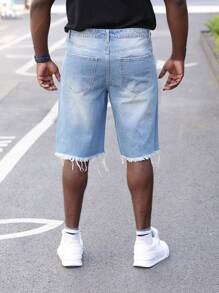 Plus Size Men's Bleached Distressed Denim Shorts, Light Blue Frayed Hem - Blue - View 7