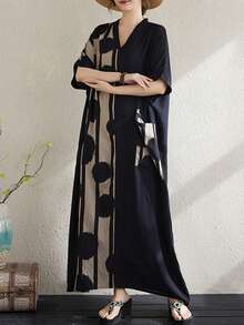 Topy, damska sukienka w kropki, elegancka sukienka na wakacje, plus size boho casualowa sukienka na wakacje, 2025 lato damska plus size dekolt w serek krótki rękaw kolor dopasowany luźna sukienka w paski duże kieszenie