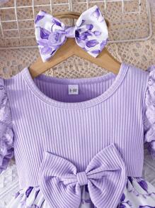 2 件套连衣裙，带泡泡袖、蝴蝶结装饰、花卉图案和头巾、节日派对时尚、春夏 - 紫色 - 查看 4